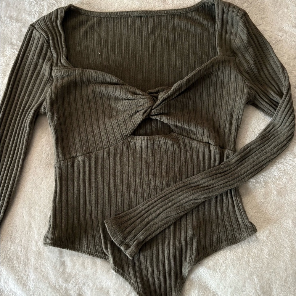 Olive Ribbed Long Sleeve Bodysuit